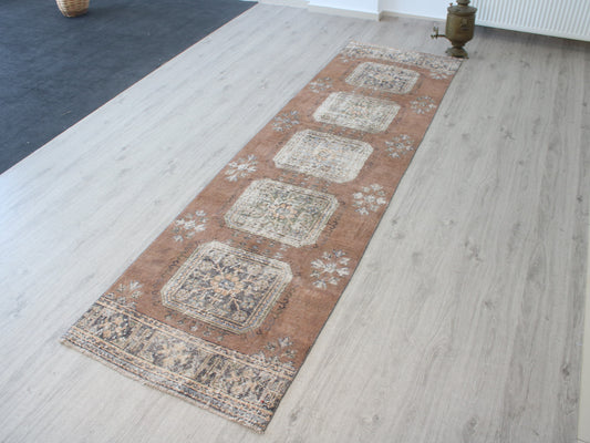 3x11 Vintage Brown Beige Oriental Runner Rug – Handmade Turkish Wool Hallway Runner Rug | Distressed Anatolian Carpet