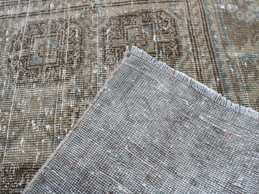 Handmade 4x12 Ft Vintage Persian Runner Rug, Brown Blue Faded Wool Hallway Rug