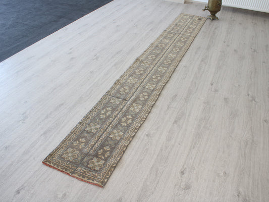 1x11 Gray Beige Patchwork Oriental Vintage Handmade Runner Rug | Turkish Wool Hallway Runner