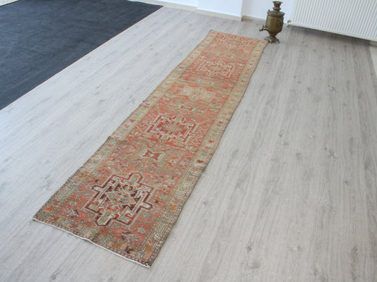 2x11 Red Beige Persian Oriental Handmade Vintage Runner Rug | Turkish Wool Hallway Runner