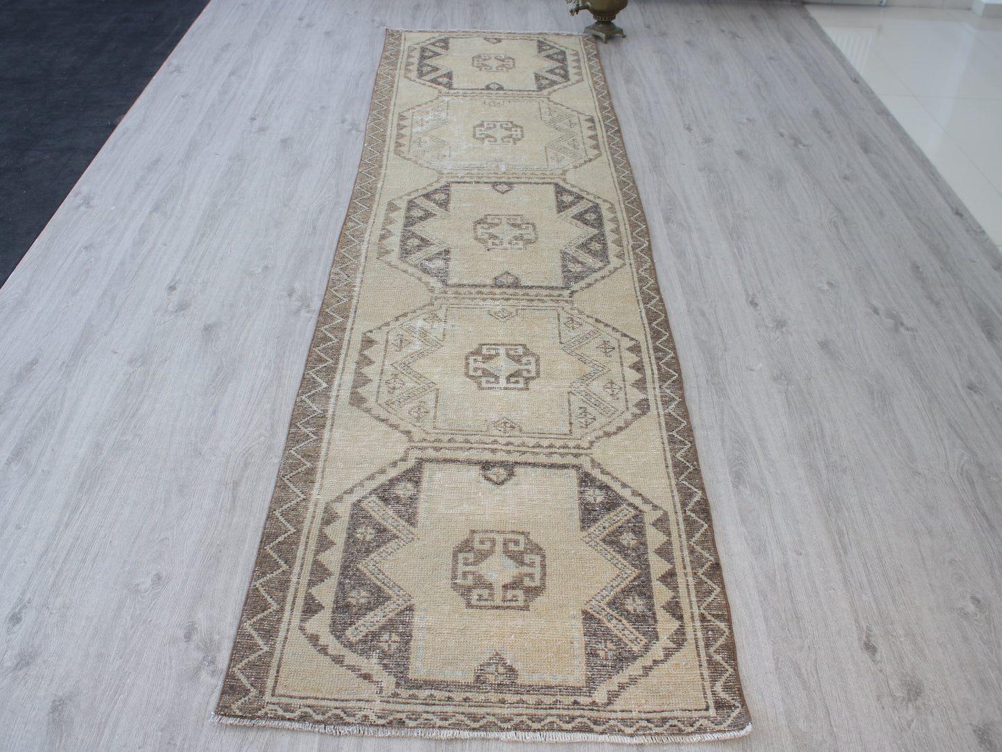 Handmade 3x11 Ft Vintage Faded Oushak Runner Rug, Beige Brown Wool Cotton Turkish Hallway Rug