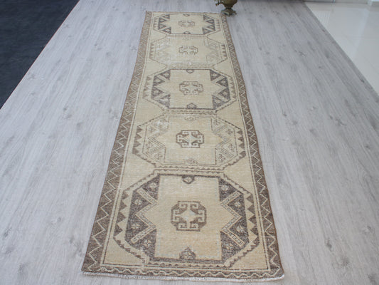 Handmade 3x11 Ft Vintage Faded Oushak Runner Rug, Beige Brown Wool Cotton Turkish Hallway Rug