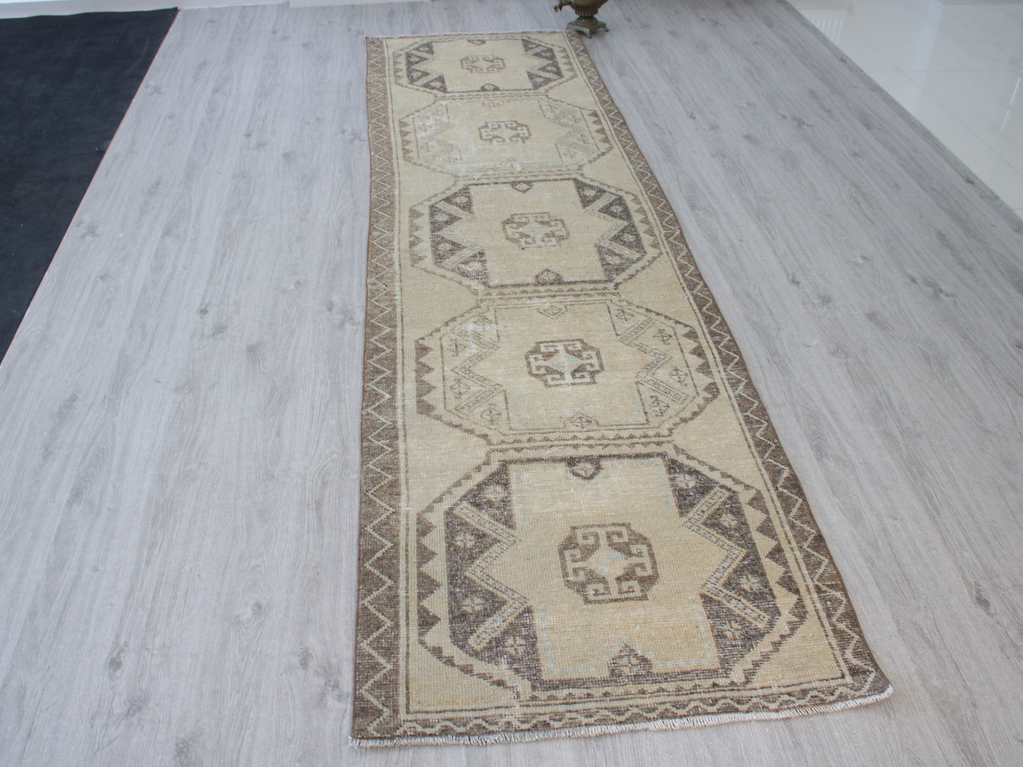 Handmade 3x11 Ft Vintage Faded Oushak Runner Rug, Beige Brown Wool Cotton Turkish Hallway Rug