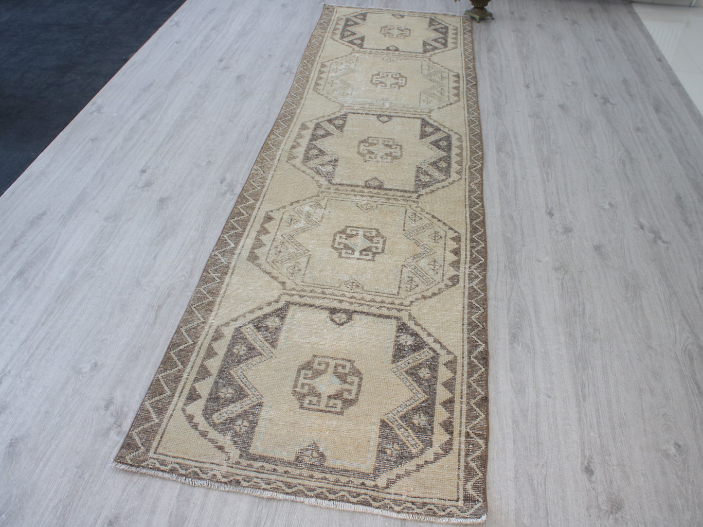 Handmade 3x11 Ft Vintage Faded Oushak Runner Rug, Beige Brown Wool Cotton Turkish Hallway Rug