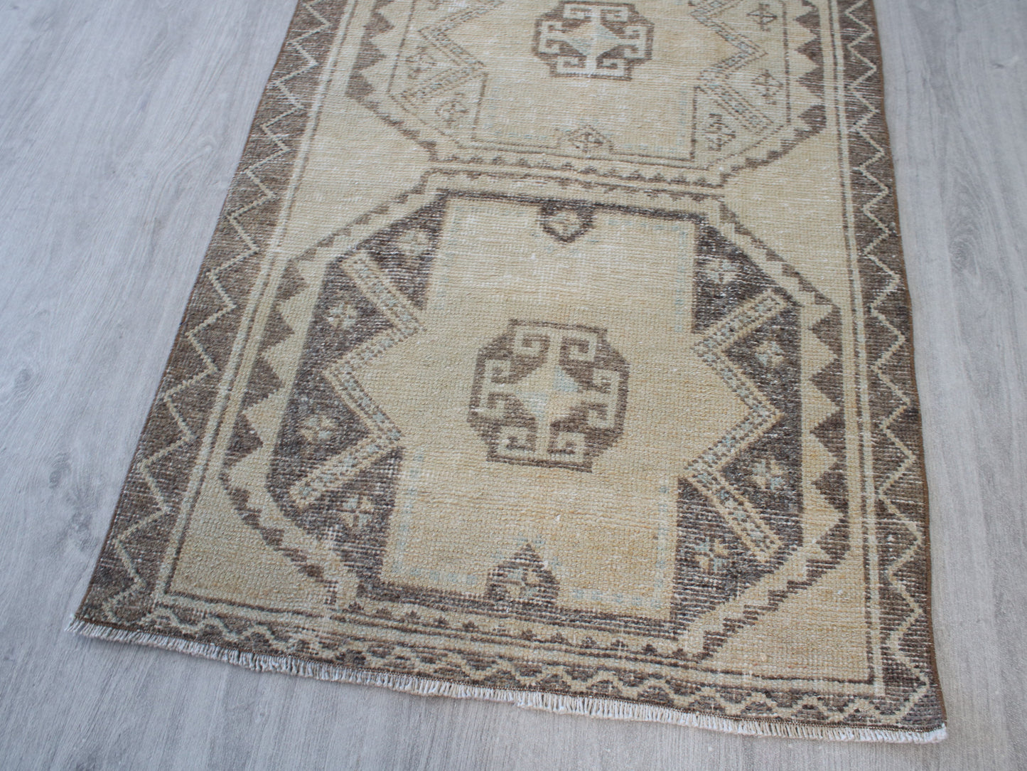 Handmade 3x11 Ft Vintage Faded Oushak Runner Rug, Beige Brown Wool Cotton Turkish Hallway Rug