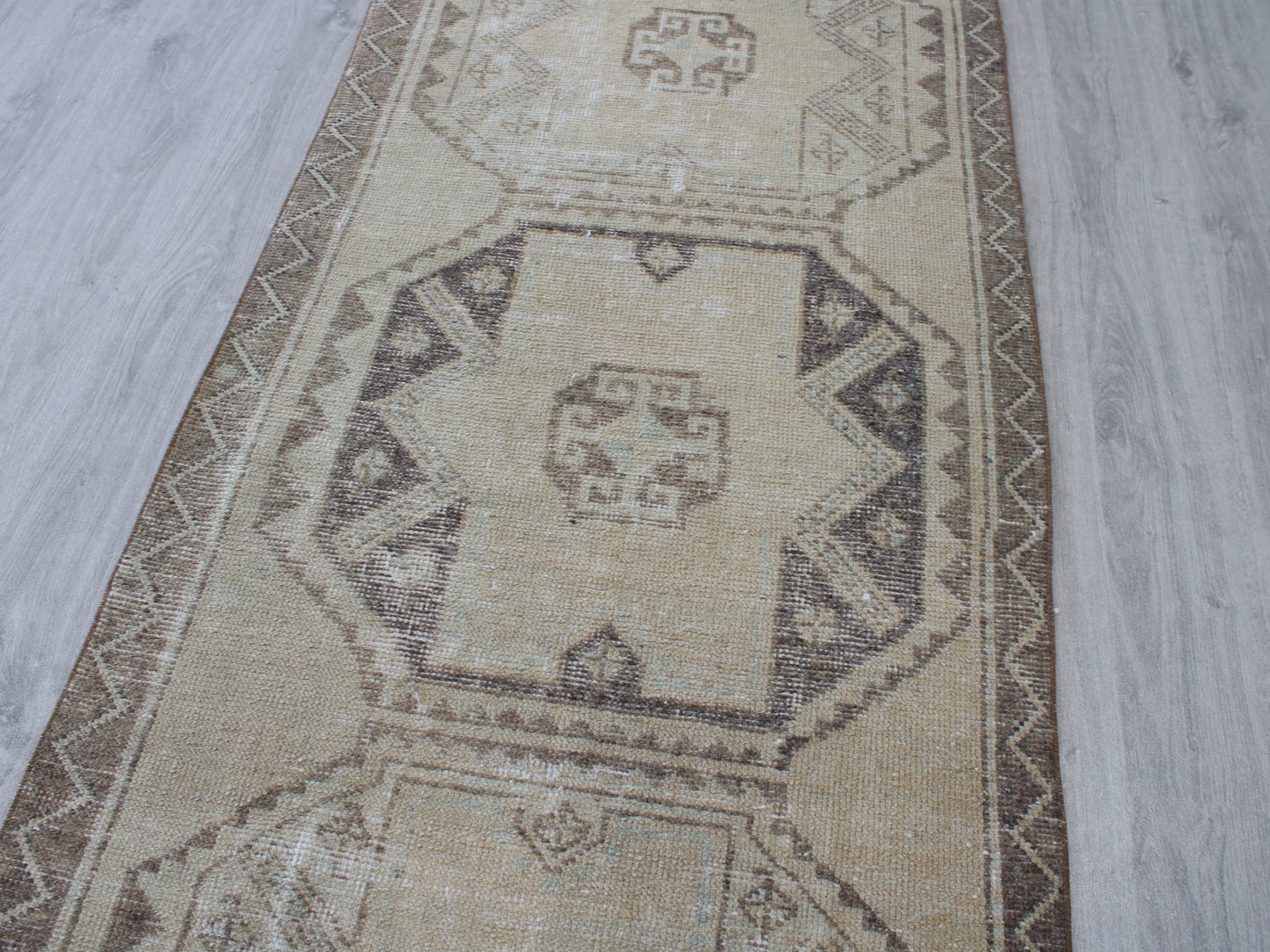Handmade 3x11 Ft Vintage Faded Oushak Runner Rug, Beige Brown Wool Cotton Turkish Hallway Rug