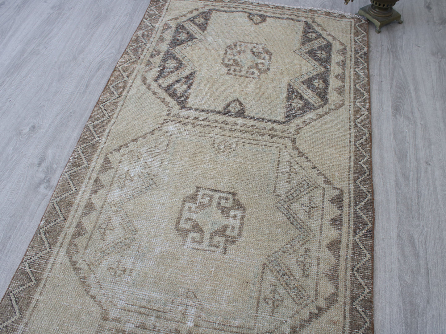 Handmade 3x11 Ft Vintage Faded Oushak Runner Rug, Beige Brown Wool Cotton Turkish Hallway Rug