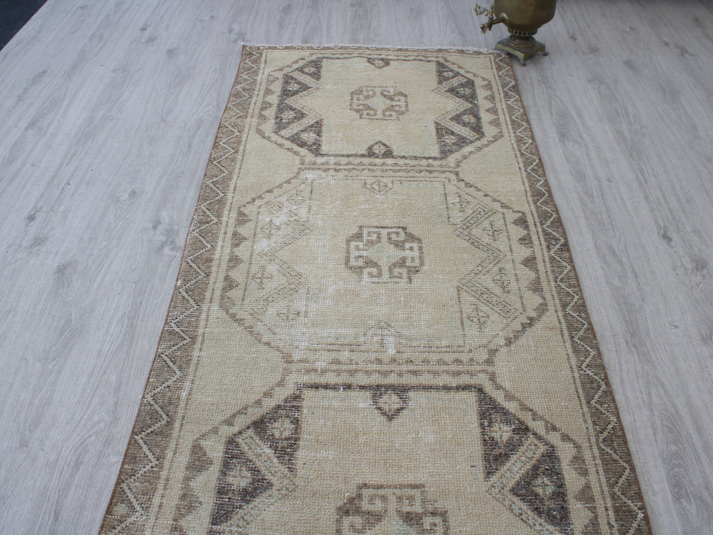 Handmade 3x11 Ft Vintage Faded Oushak Runner Rug, Beige Brown Wool Cotton Turkish Hallway Rug