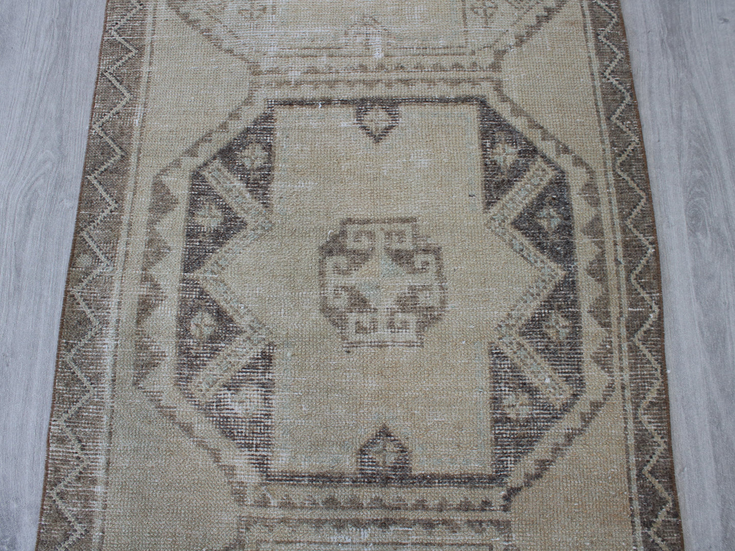Handmade 3x11 Ft Vintage Faded Oushak Runner Rug, Beige Brown Wool Cotton Turkish Hallway Rug