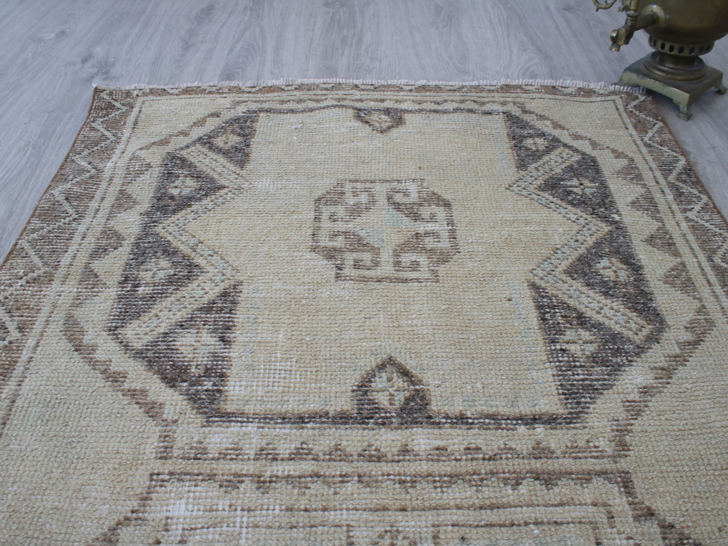 Handmade 3x11 Ft Vintage Faded Oushak Runner Rug, Beige Brown Wool Cotton Turkish Hallway Rug