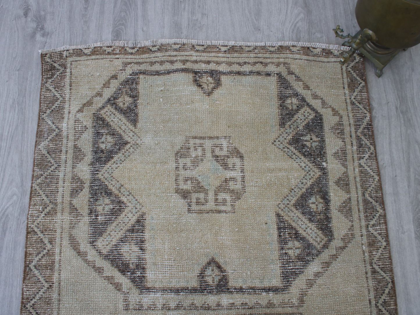 Handmade 3x11 Ft Vintage Faded Oushak Runner Rug, Beige Brown Wool Cotton Turkish Hallway Rug