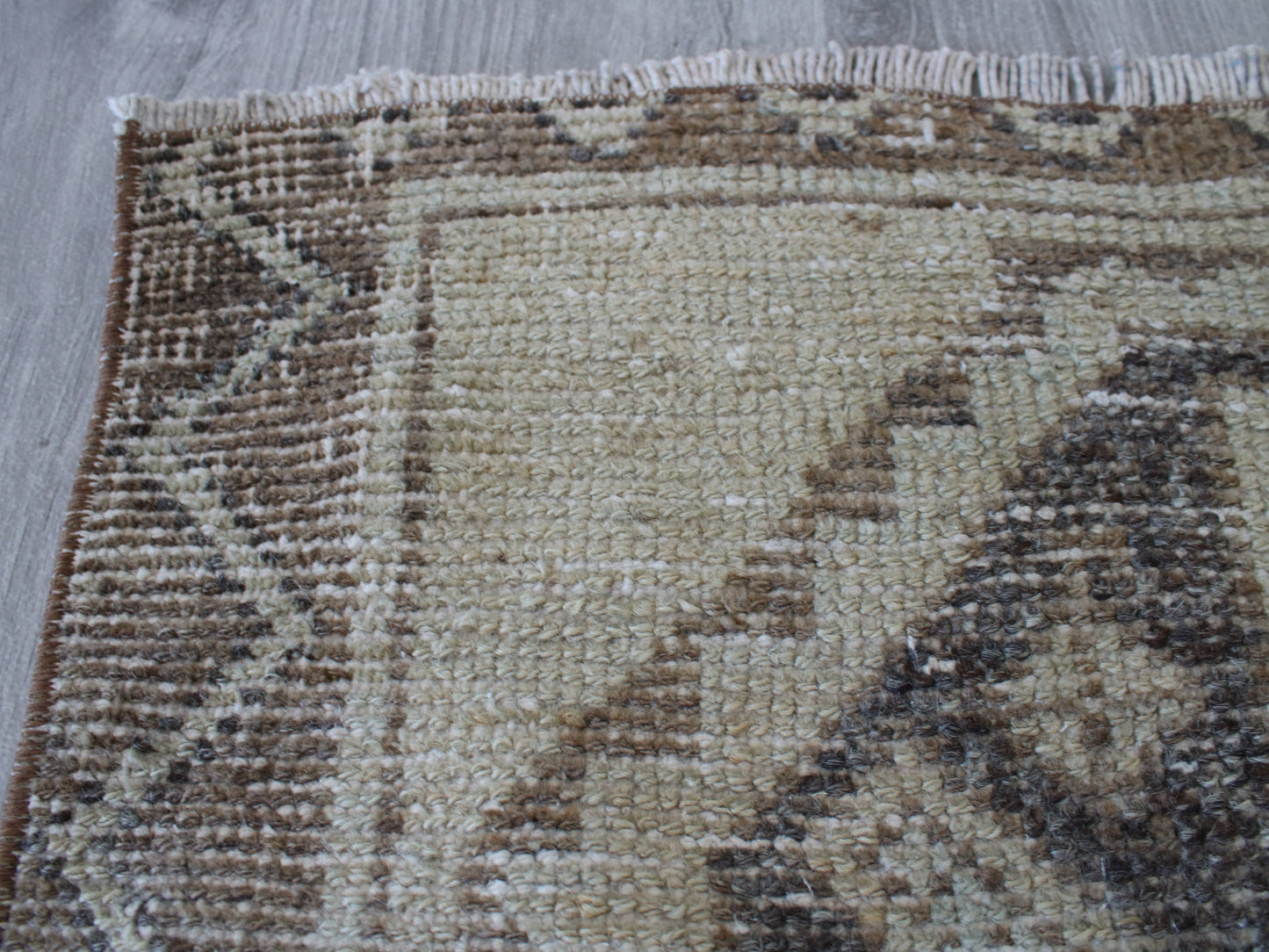 Handmade 3x11 Ft Vintage Faded Oushak Runner Rug, Beige Brown Wool Cotton Turkish Hallway Rug