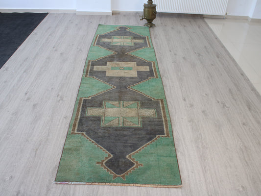 Handmade 3x10 Ft Vintage Oushak Runner Rug, Green Beige Oriental Wool Turkish Hallway Rug