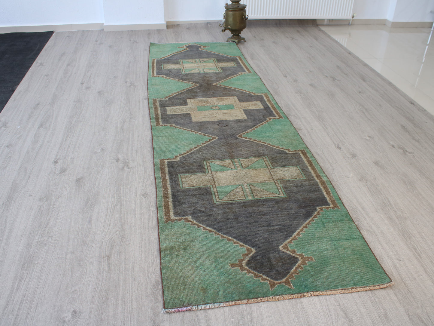 Handmade 3x10 Ft Vintage Oushak Runner Rug, Green Beige Oriental Wool Turkish Hallway Rug