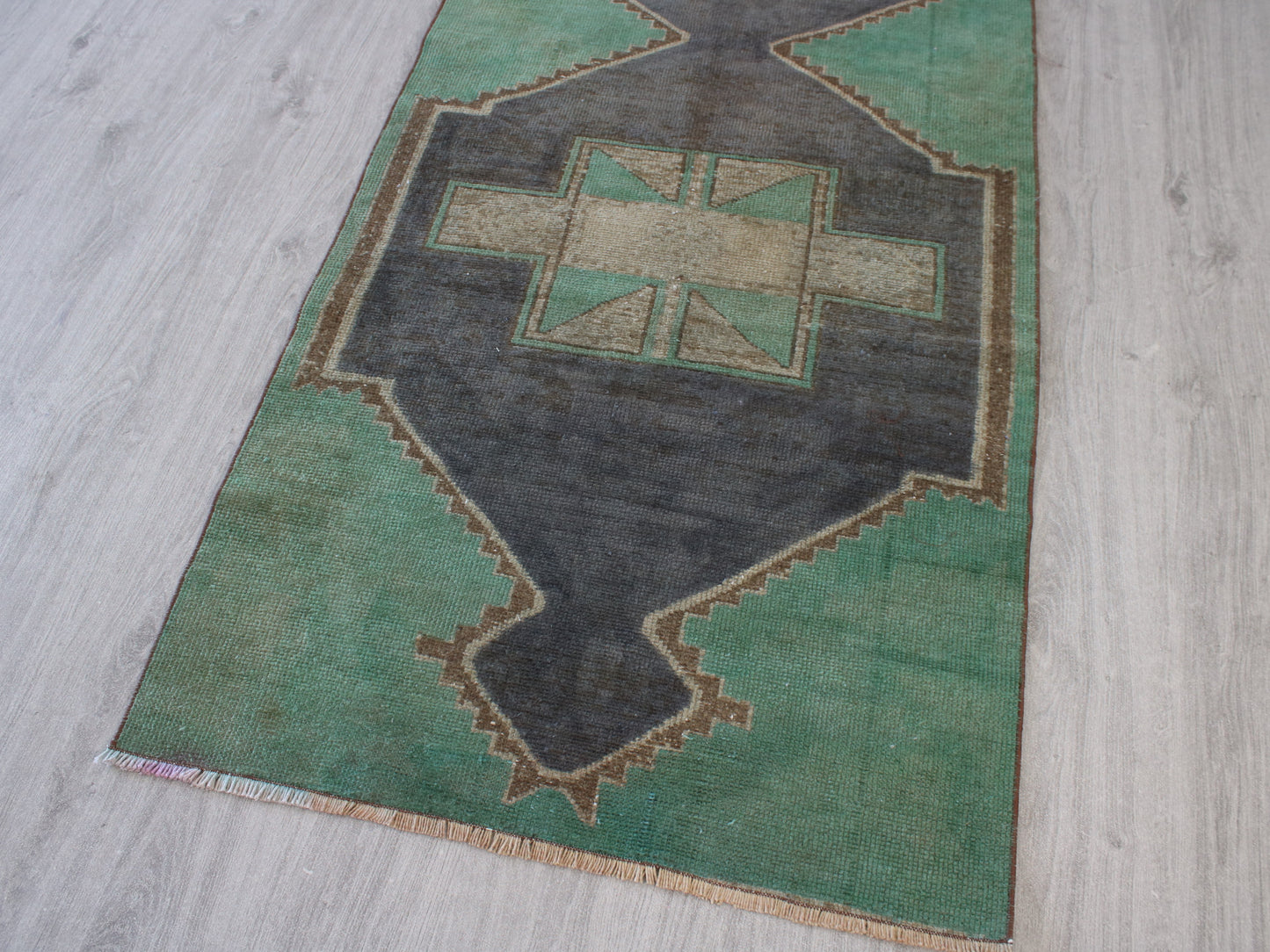 Handmade 3x10 Ft Vintage Oushak Runner Rug, Green Beige Oriental Wool Turkish Hallway Rug