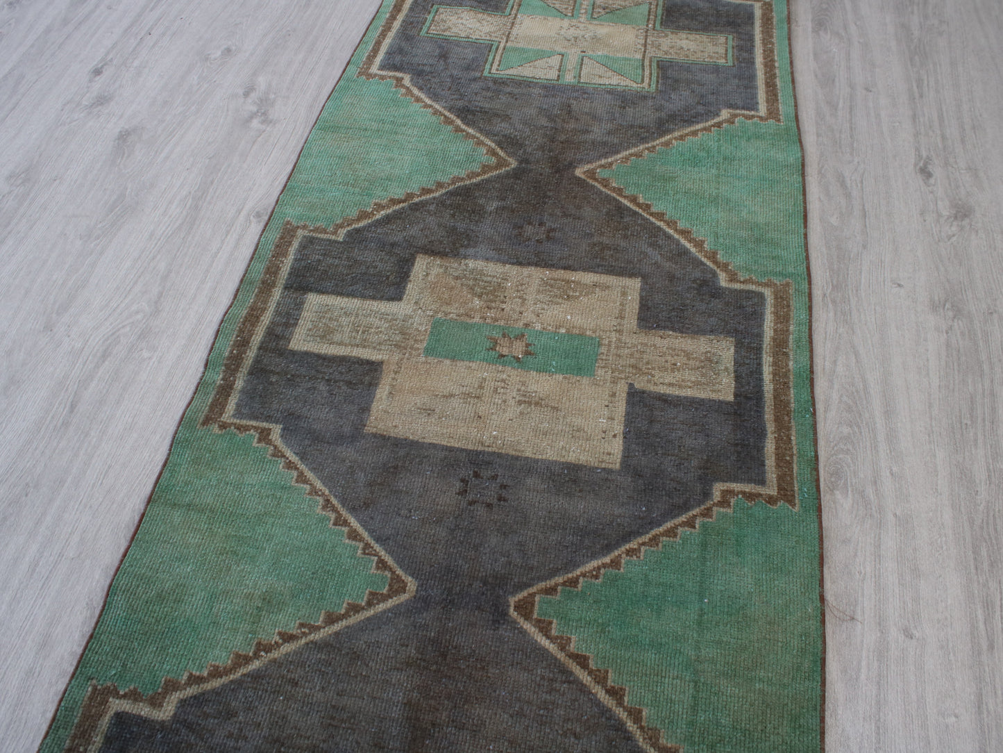 Handmade 3x10 Ft Vintage Oushak Runner Rug, Green Beige Oriental Wool Turkish Hallway Rug