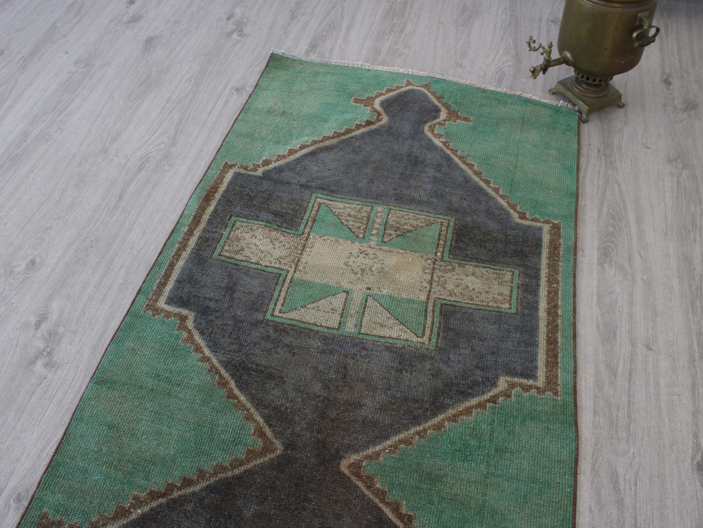 Handmade 3x10 Ft Vintage Oushak Runner Rug, Green Beige Oriental Wool Turkish Hallway Rug