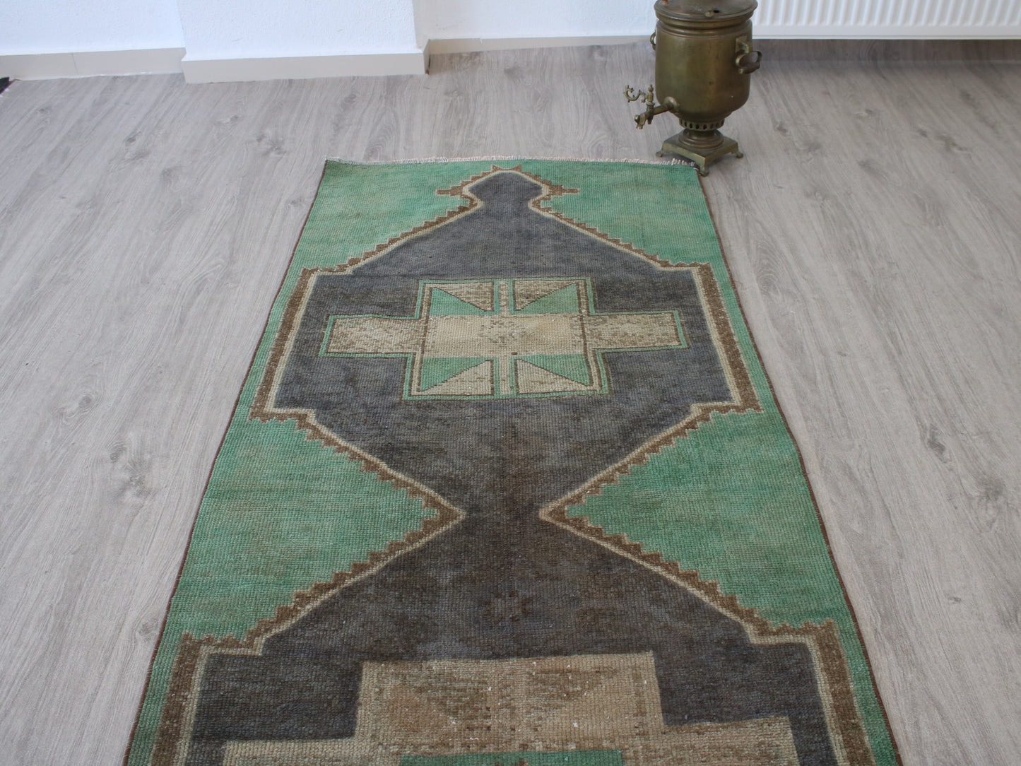Handmade 3x10 Ft Vintage Oushak Runner Rug, Green Beige Oriental Wool Turkish Hallway Rug