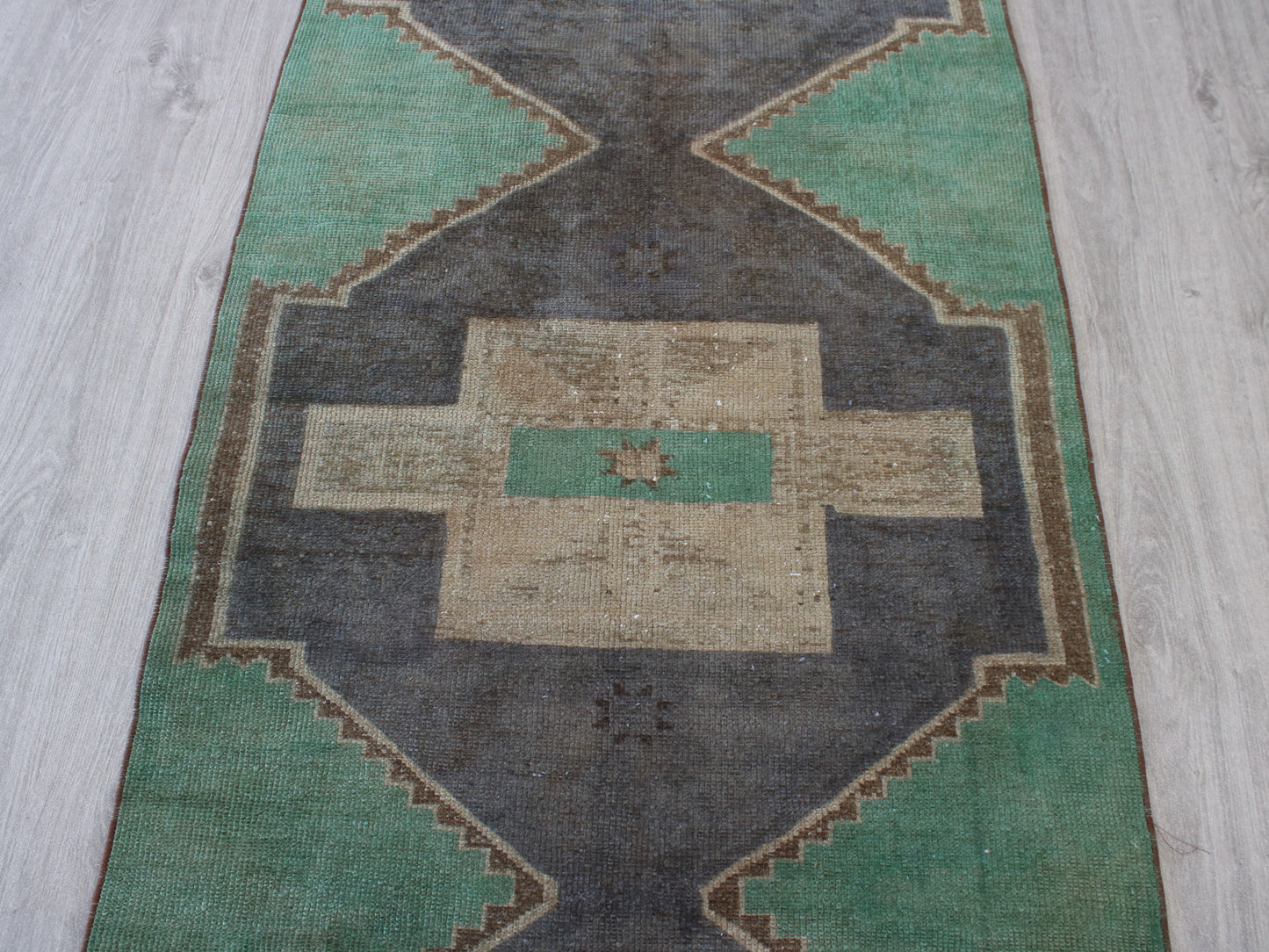 Handmade 3x10 Ft Vintage Oushak Runner Rug, Green Beige Oriental Wool Turkish Hallway Rug