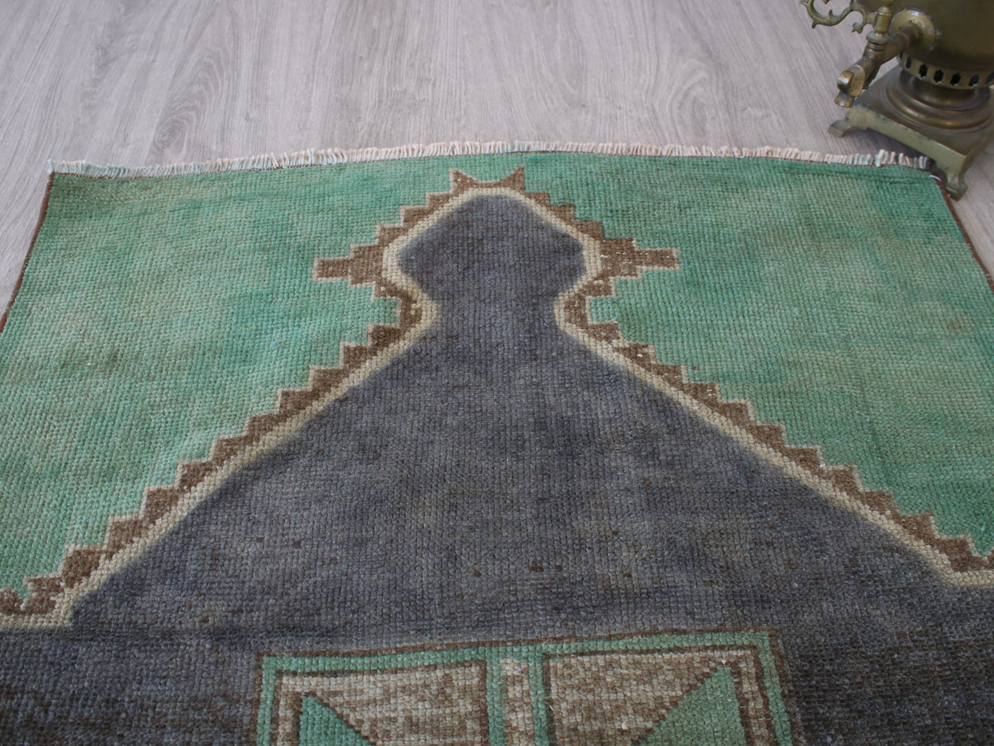 Handmade 3x10 Ft Vintage Oushak Runner Rug, Green Beige Oriental Wool Turkish Hallway Rug