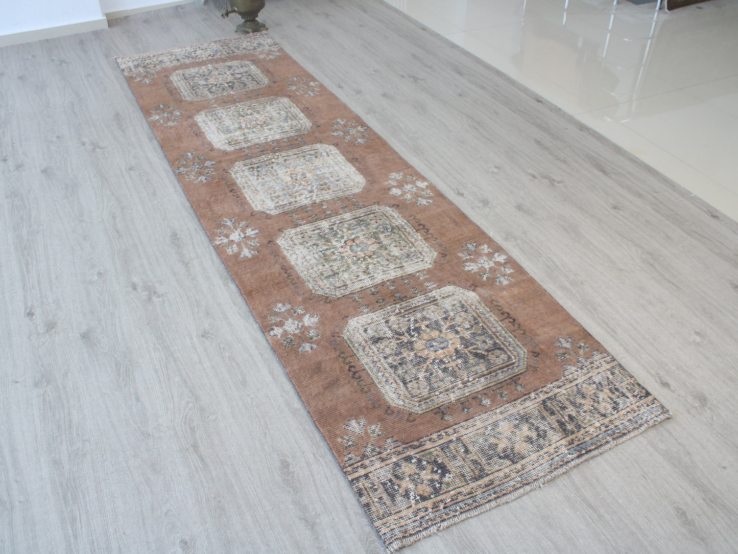 3x11 Vintage Brown Beige Oriental Runner Rug – Handmade Turkish Wool Hallway Runner Rug | Distressed Anatolian Carpet