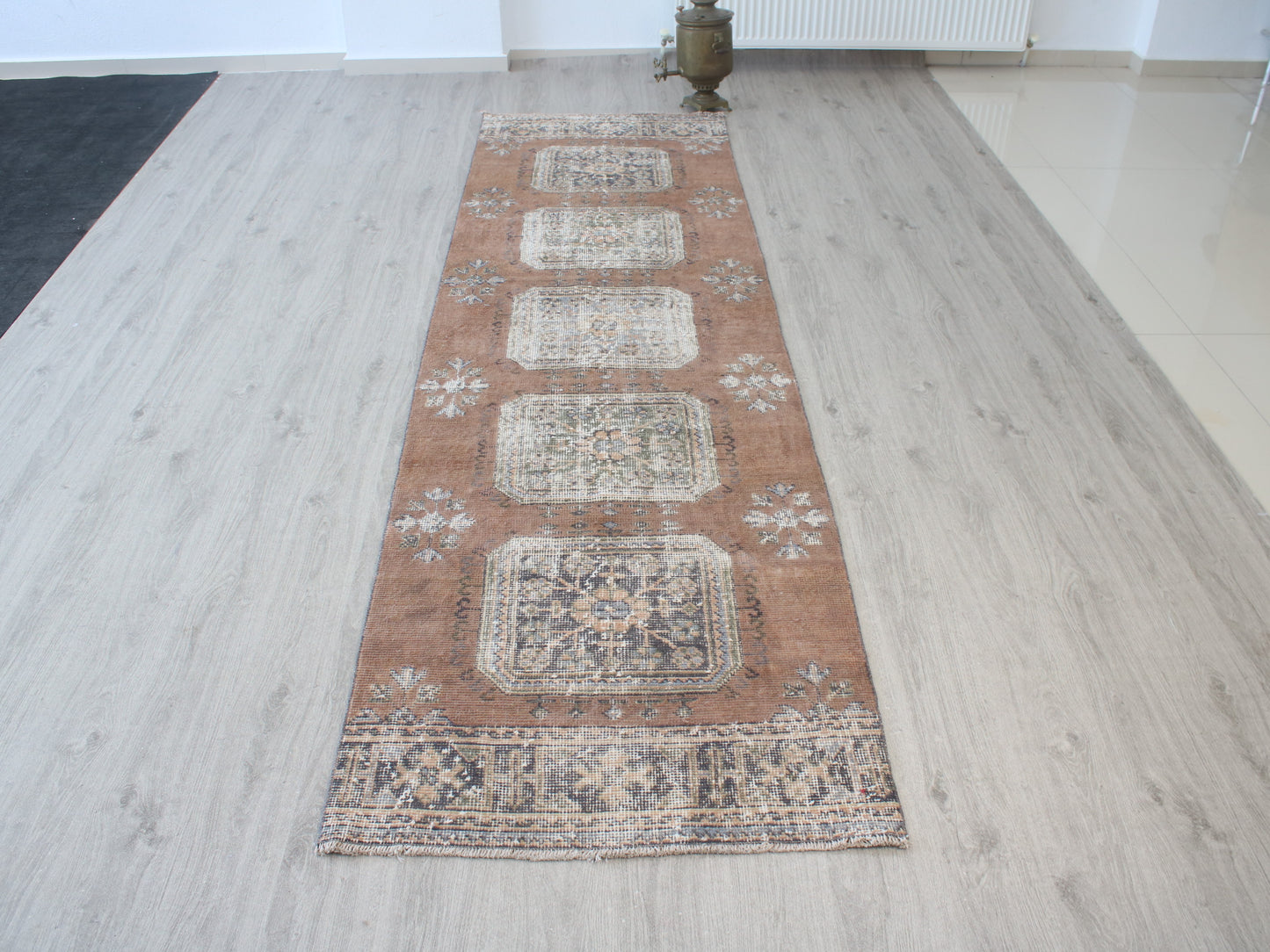 3x11 Vintage Brown Beige Oriental Runner Rug – Handmade Turkish Wool Hallway Runner Rug | Distressed Anatolian Carpet