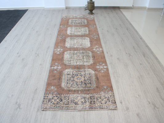 3x11 Vintage Brown Beige Oriental Runner Rug – Handmade Turkish Wool Hallway Runner Rug | Distressed Anatolian Carpet