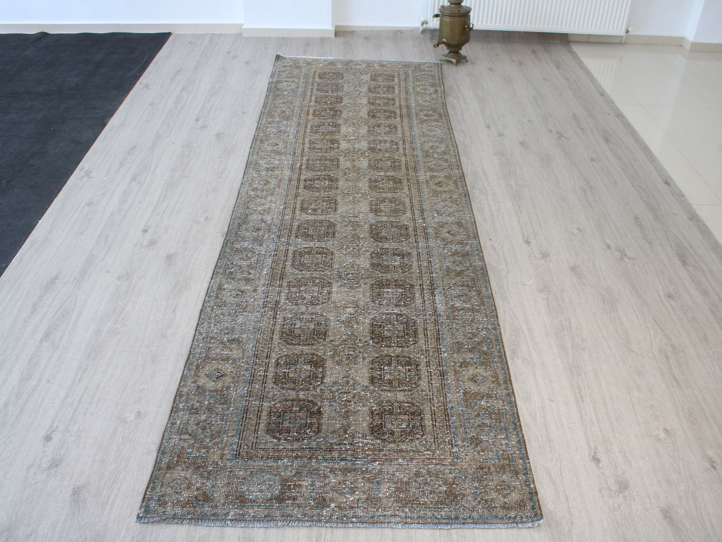 Handmade 4x12 Ft Vintage Persian Runner Rug in Brown and Blue with Faded Design for Hallway Decor