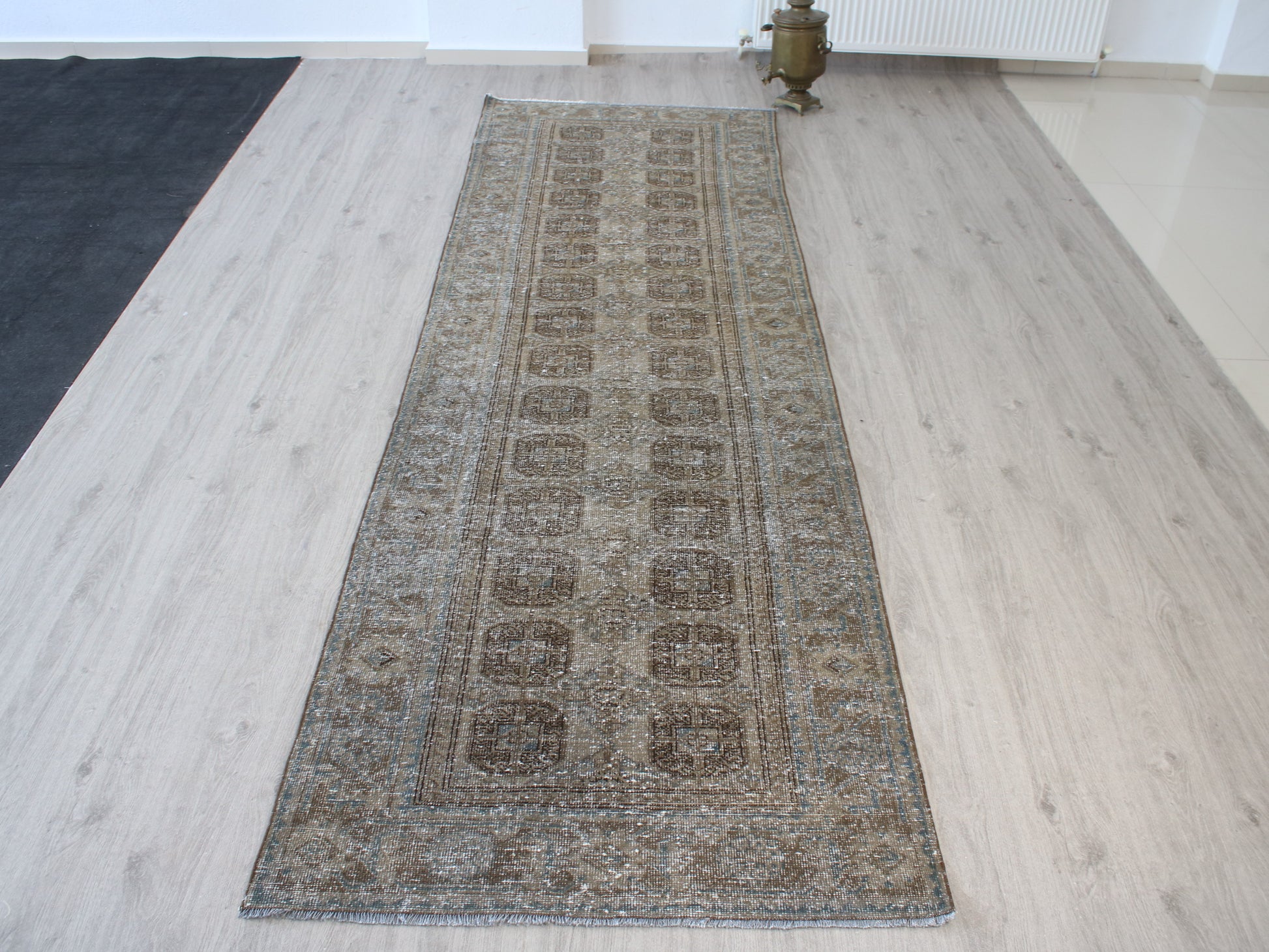 Handmade 4x12 Ft Vintage Persian Runner Rug in Brown and Blue with Faded Design for Hallway Decor