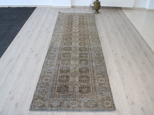 Handmade 4x12 Ft Vintage Persian Runner Rug in Brown and Blue with Faded Design for Hallway Decor