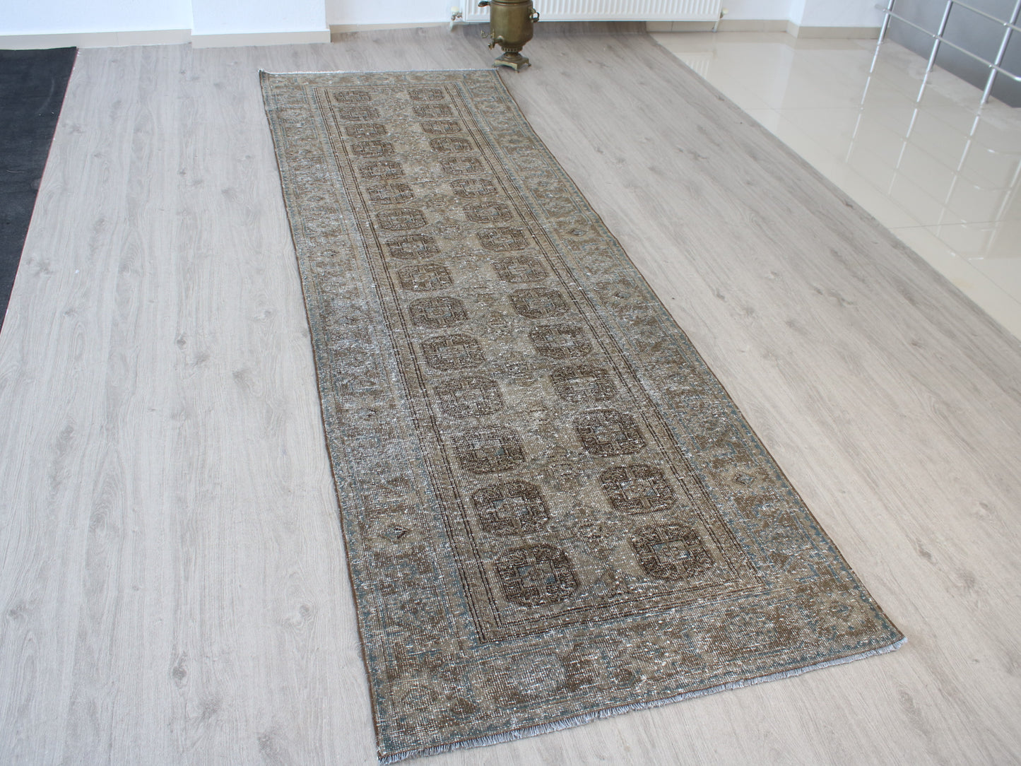 Handmade 4x12 Ft Vintage Persian Runner Rug, Brown Blue Faded Wool Hallway Rug