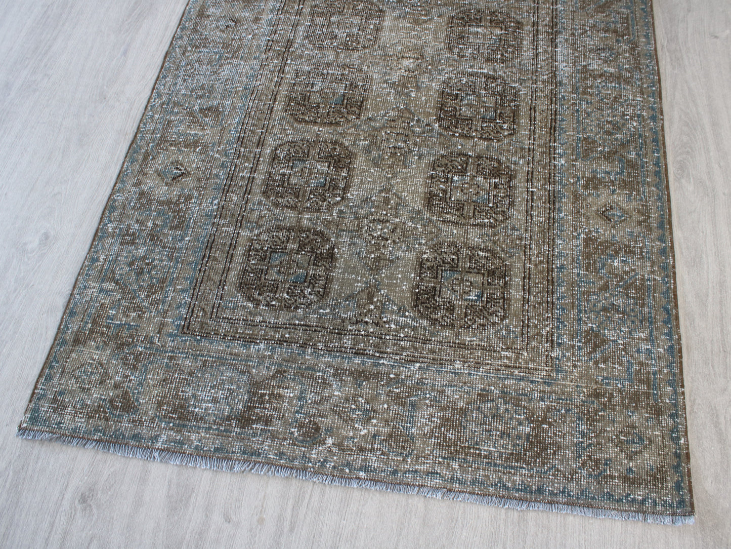 Handmade 4x12 Ft Vintage Persian Runner Rug, Brown Blue Faded Wool Hallway Rug