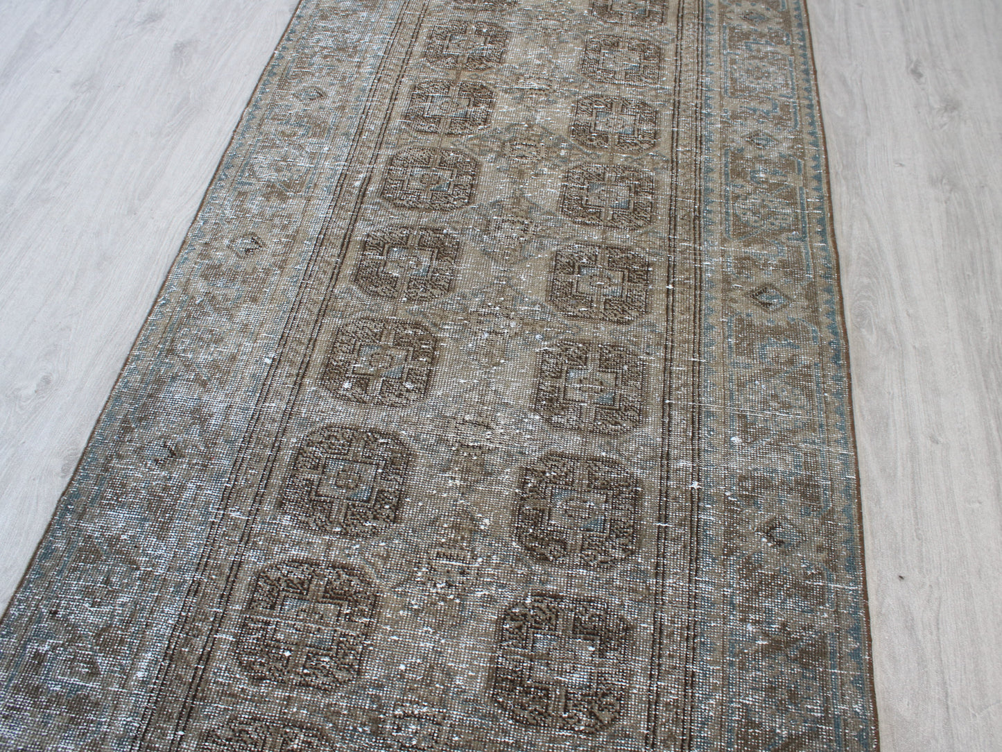 Handmade 4x12 Ft Vintage Persian Runner Rug, Brown Blue Faded Wool Hallway Rug