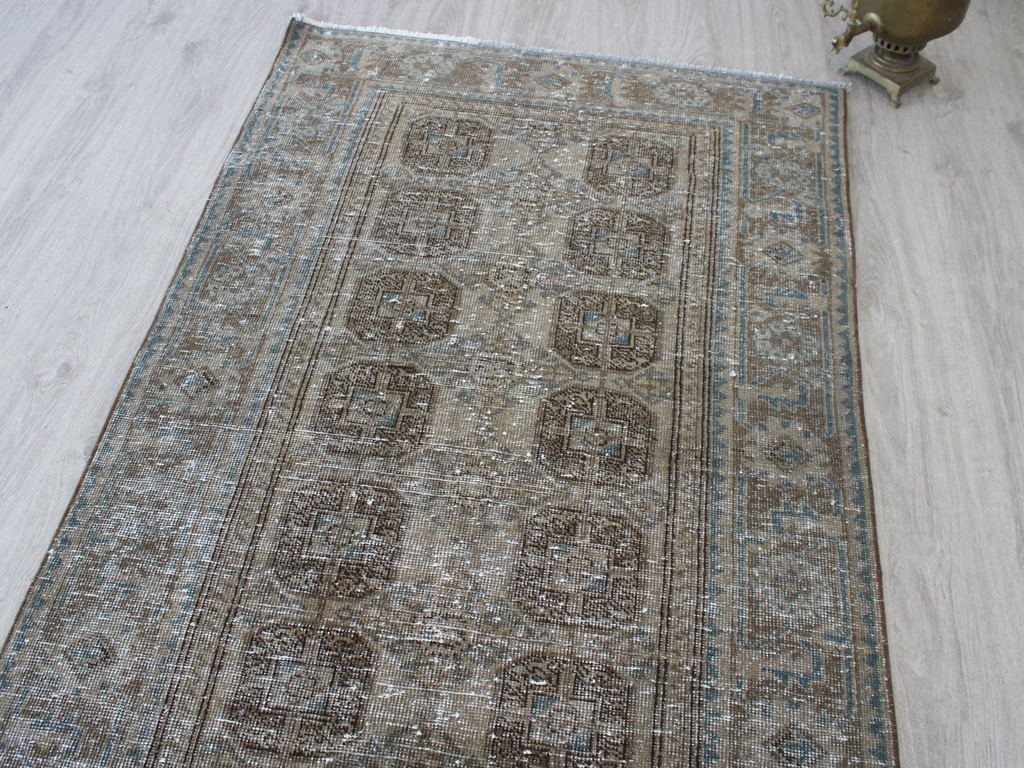 Handmade 4x12 Ft Vintage Persian Runner Rug, Brown Blue Faded Wool Hallway Rug