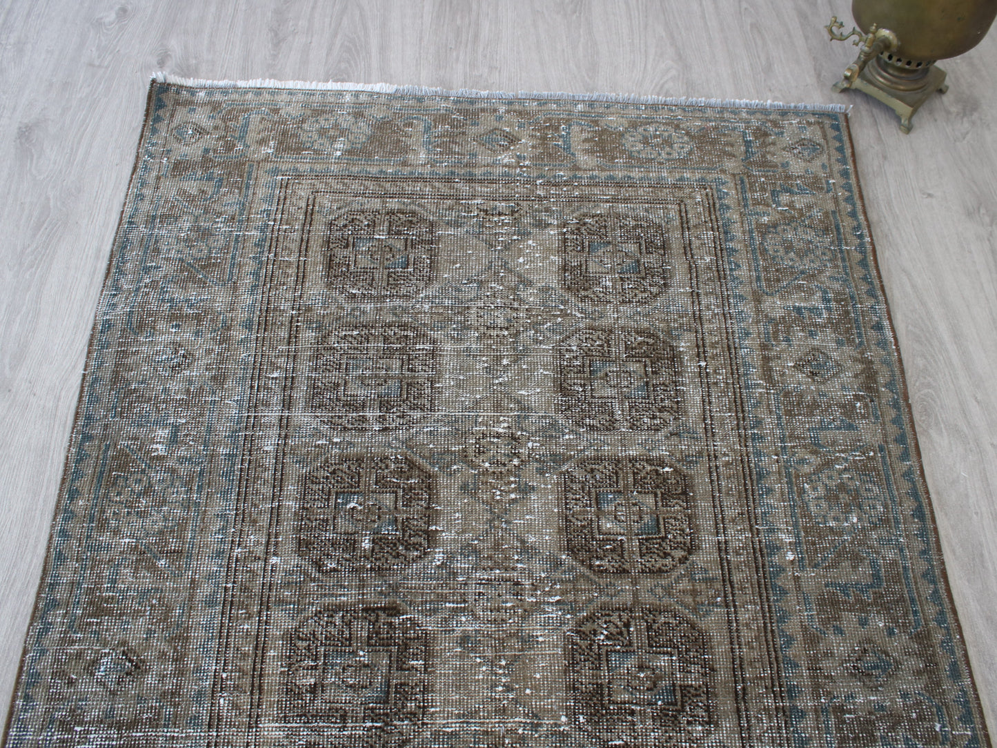 Handmade 4x12 Ft Vintage Persian Runner Rug, Brown Blue Faded Wool Hallway Rug