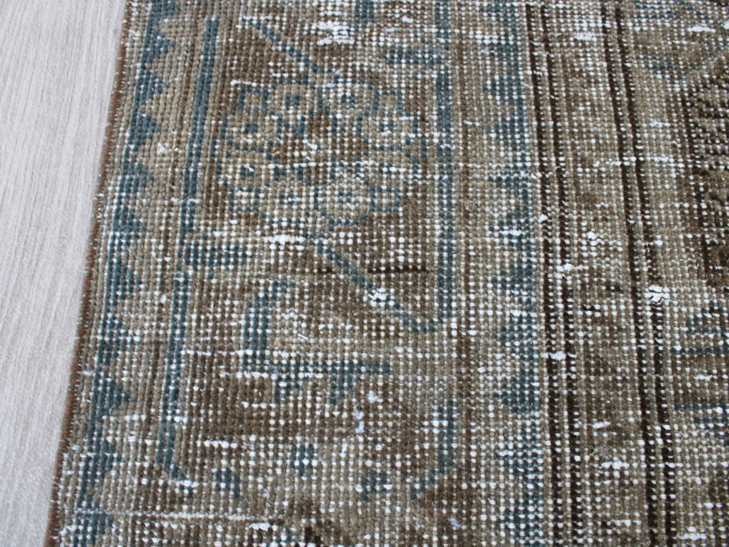 Handmade 4x12 Ft Vintage Persian Runner Rug, Brown Blue Faded Wool Hallway Rug