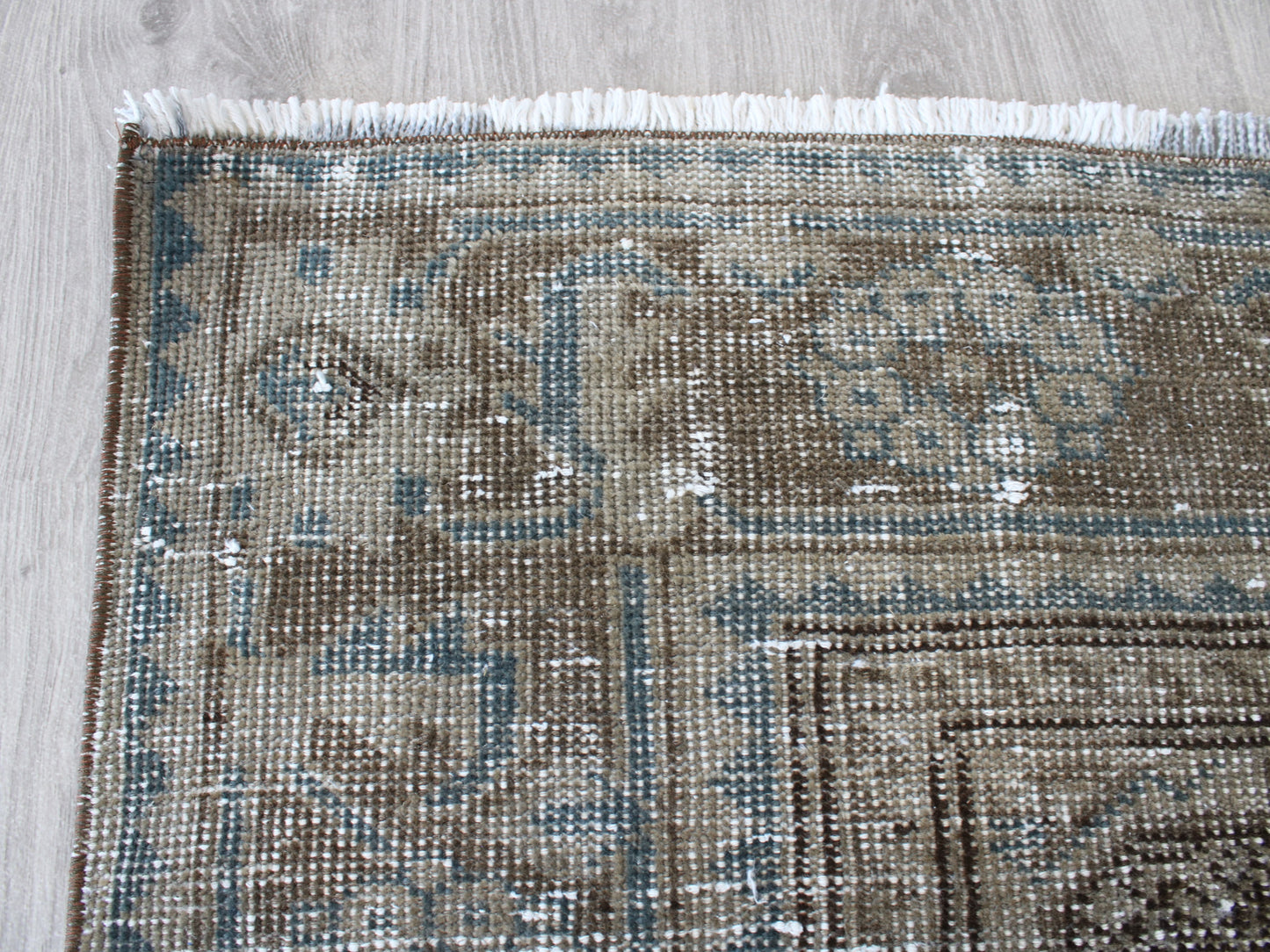 Handmade 4x12 Ft Vintage Persian Runner Rug, Brown Blue Faded Wool Hallway Rug