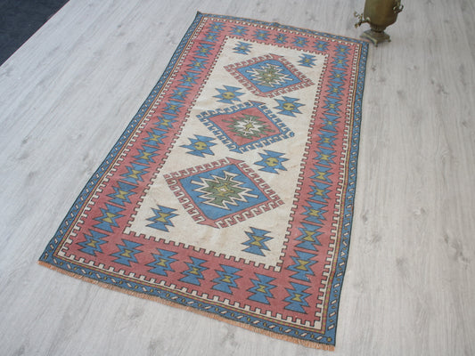 Vintage Oushak Rug - 3x4 ft Handmade Pink & White Oriental Area Rug