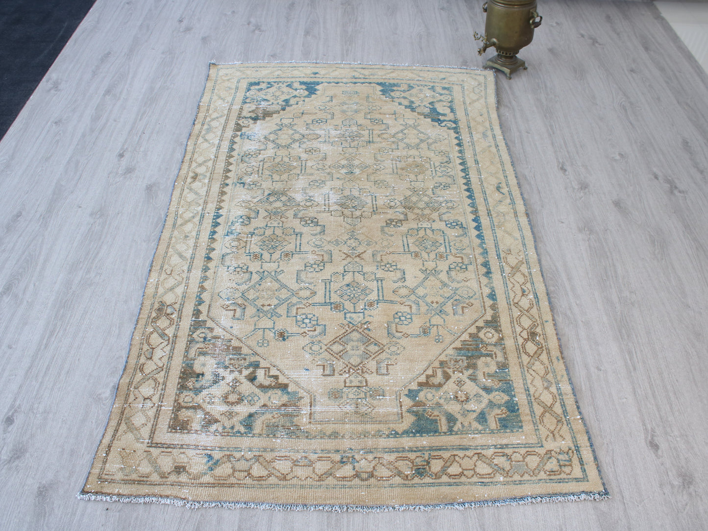 Vintage Oushak handmade beige and blue oriental area rug 4x6.5 ft