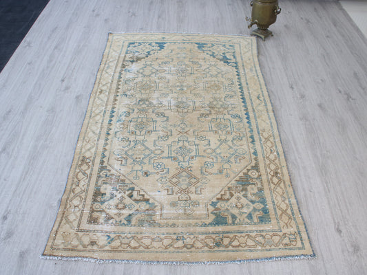 Vintage Oushak handmade beige and blue oriental area rug 4x6.5 ft