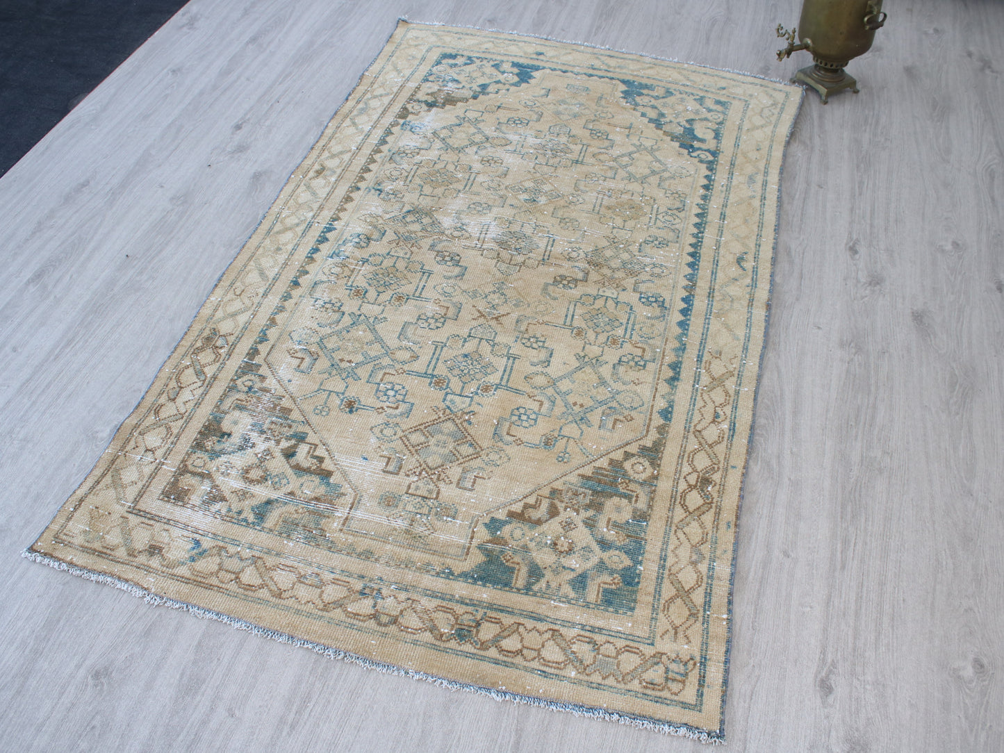 Vintage Oushak Rug - 4x7 ft Handmade Beige & Blue Oriental Area Rug