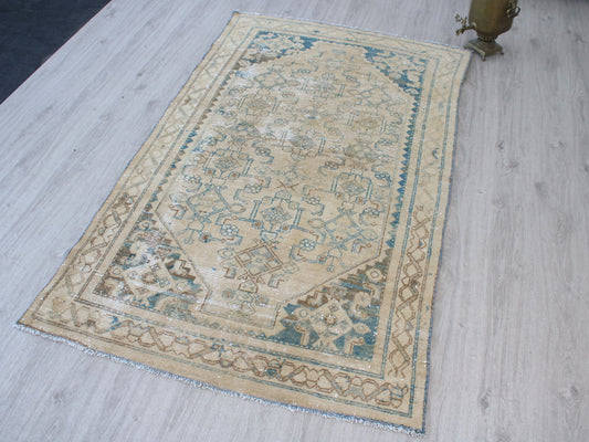 Vintage Oushak Rug - 4x7 ft Handmade Beige & Blue Oriental Area Rug