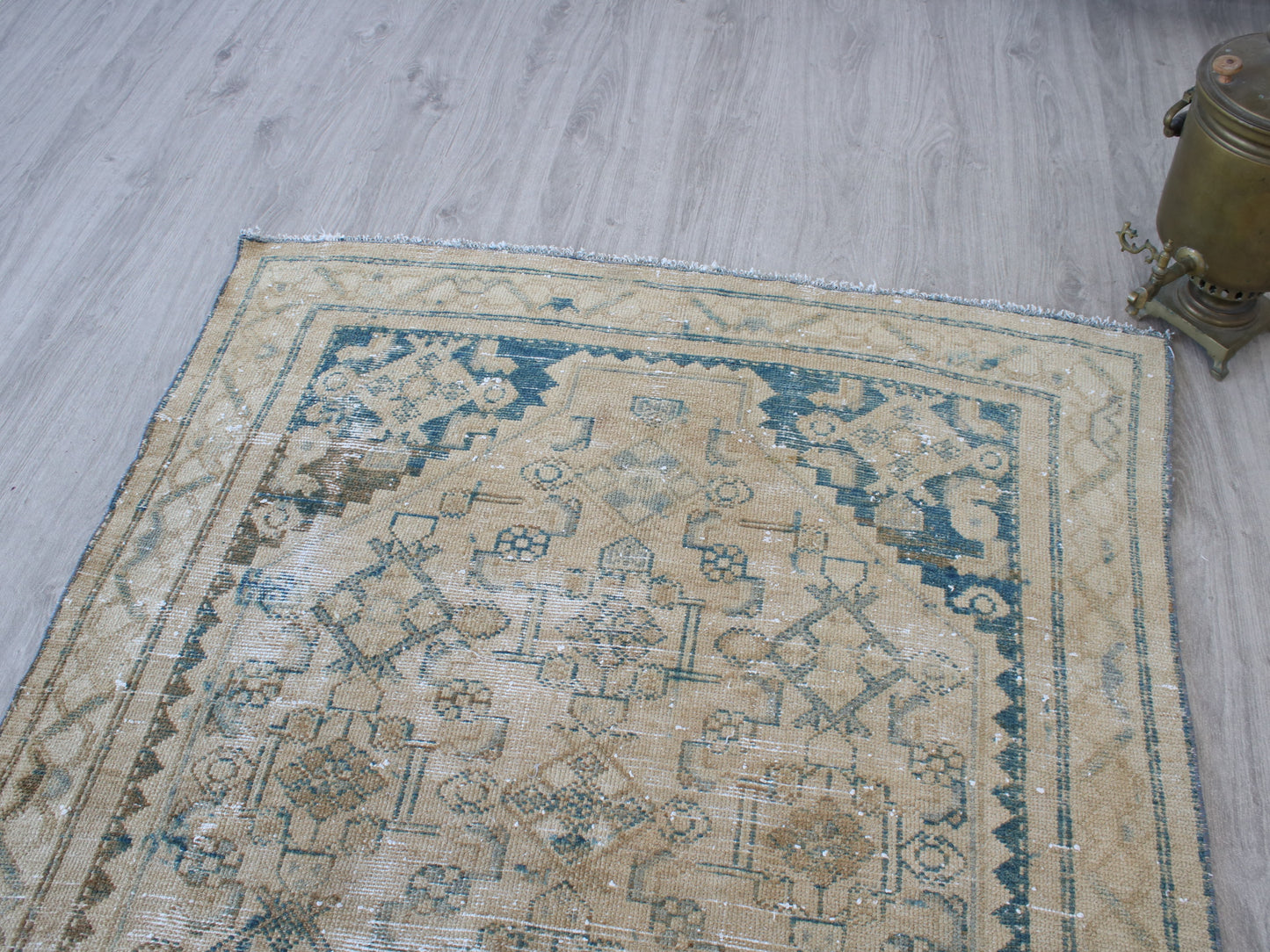 Vintage Oushak Rug - 4x7 ft Handmade Beige & Blue Oriental Area Rug