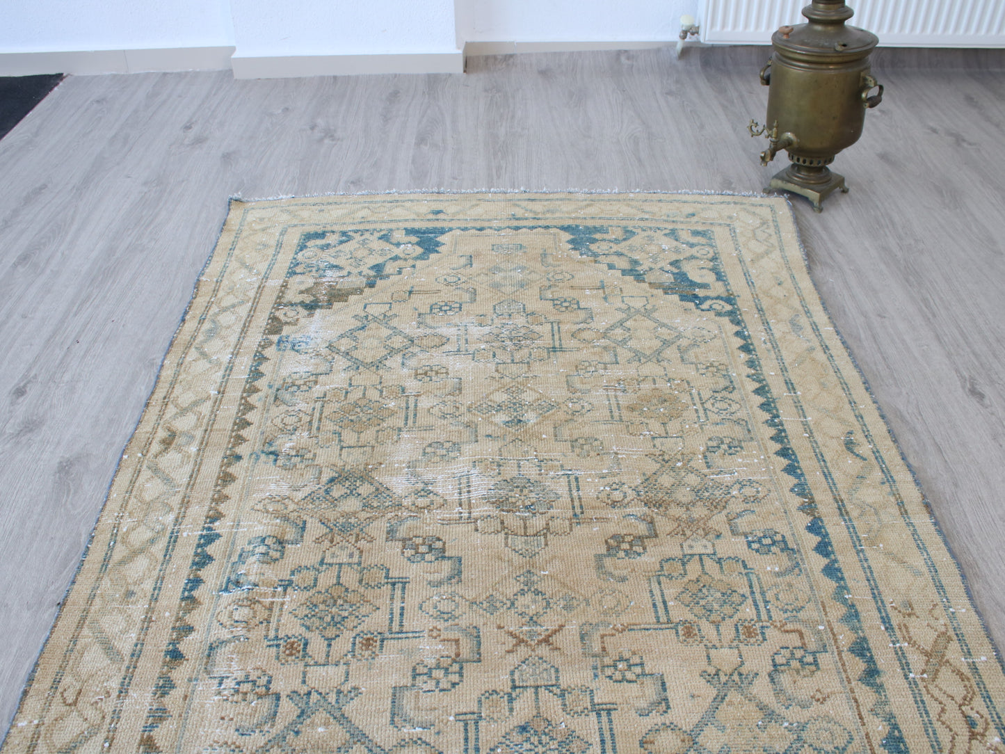 Vintage Oushak Rug - 4x7 ft Handmade Beige & Blue Oriental Area Rug