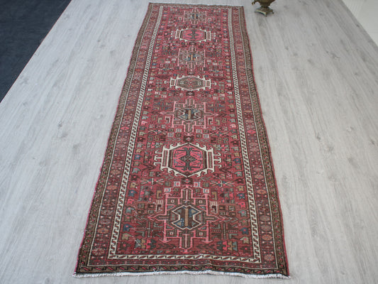 Vintage Persian handmade red and white oriental runner rug 3.2x9.5 ft