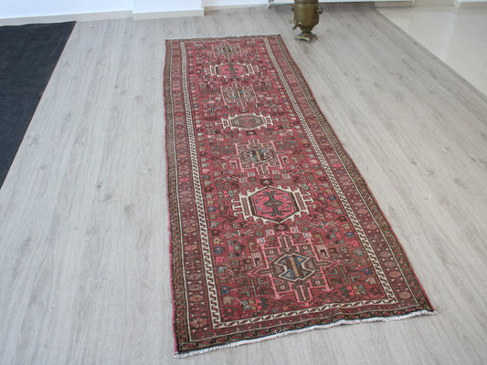 Vintage Persian Runner Rug - 3x10 ft Handmade Red & White Oriental Runner