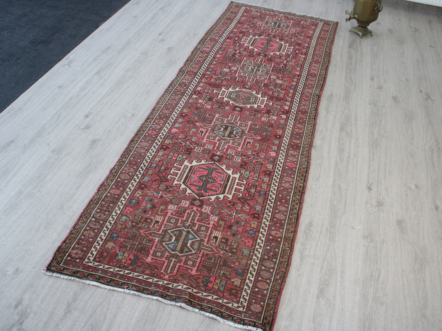 Vintage Persian Runner Rug - 3x10 ft Handmade Red & White Oriental Runner