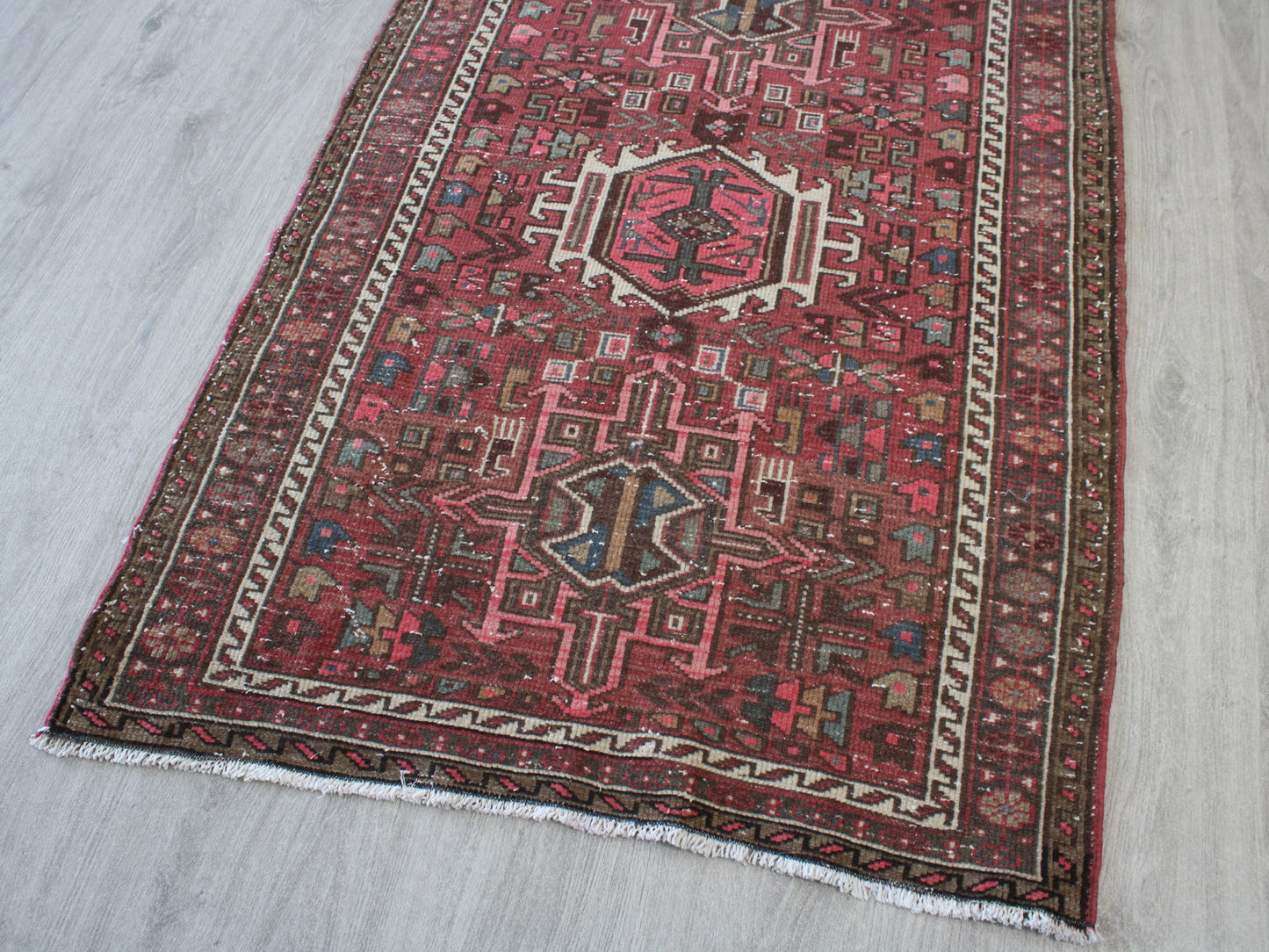 Vintage Persian Runner Rug - 3x10 ft Handmade Red & White Oriental Runner