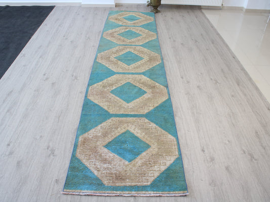 3x13 Blue Beige Handmade Oriental Vintage Oushak Runner Rug | Turkish Wool Hallway Runner