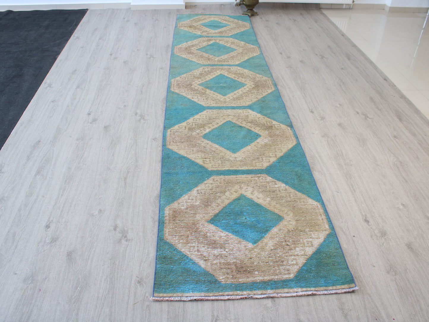3x13 Blue Beige Handmade Oriental Vintage Oushak Runner Rug | Turkish Wool Hallway Runner